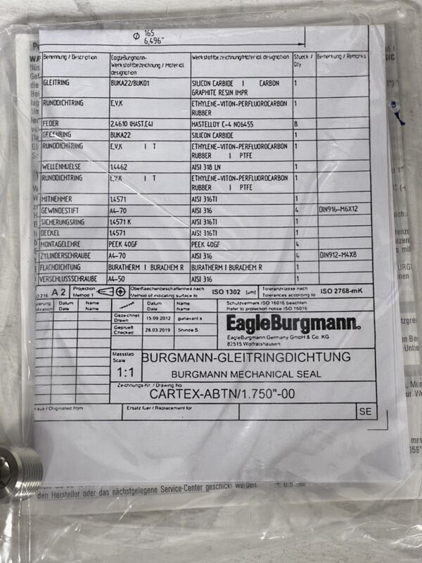 Eagle Burgmann CARTEX-ABTN/1.750"-00 316SS Mechanical Seal w/ Bushing