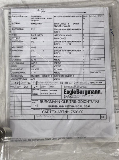 Eagle Burgmann CARTEX-ABTN/1.750"-00 316SS Mechanical Seal w/ Bushing