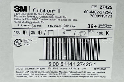 (100) 3M Cubitron II Fibre Grinding Disc 982C Ceramic 4.5" 36 Grit Quick Change