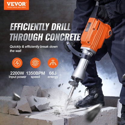 VEVOR Electric Demolition Jack Hammer 2200W Concrete Breaker w/ 4 Chisels Bits