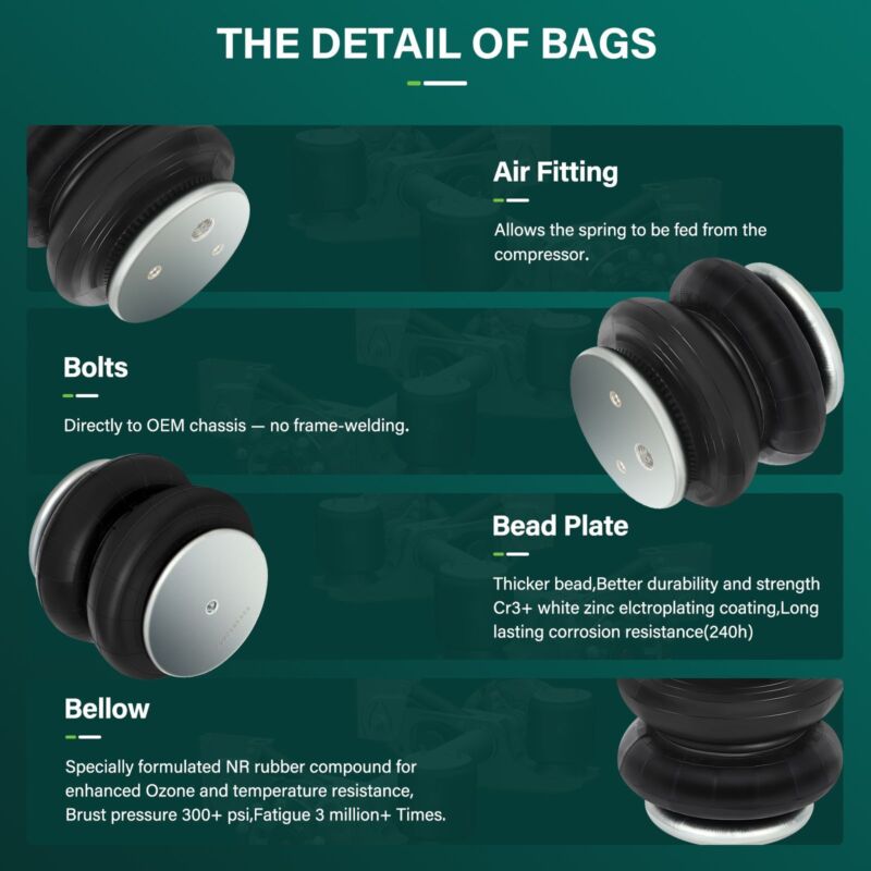 Pair Heavy Duty 2600 LBS Air Bags Suspension Spring For 3/8" 1/2" NPT Port