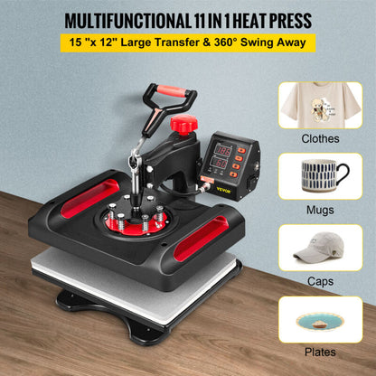 VEVOR 11 in 1 Combo Heat Press 15"x12" Sublimation Machine T-Shirt Mug Hat Plate