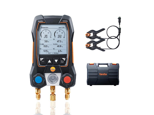Testo 550s AC Manifold Gauge Set – Manifold Gauges Hvac and Refrigeration – Incl. 2 Wired Temperature Clamp Probes – AC Recharge Kit with superheat, subcooling – AC Gauge Set with Bluetooth