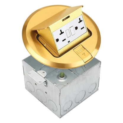 Select Lighting SLFB-PU-USB-BR - Receptáculos de salida USB emergentes de 20 A, caja de piso eléctrica redonda resistente a manipulaciones con cubierta de latón, enchufe empotrado retráctil para encimeras y pisos