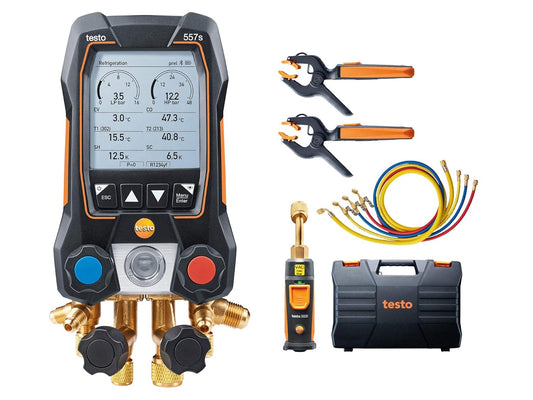 Testo - Kit automotriz 550i con colector digital operado vía aplicación, abrazadera de tubo, termómetro para aire acondicionado, sistemas de refrigeración, bombas de calor y Bluetooth