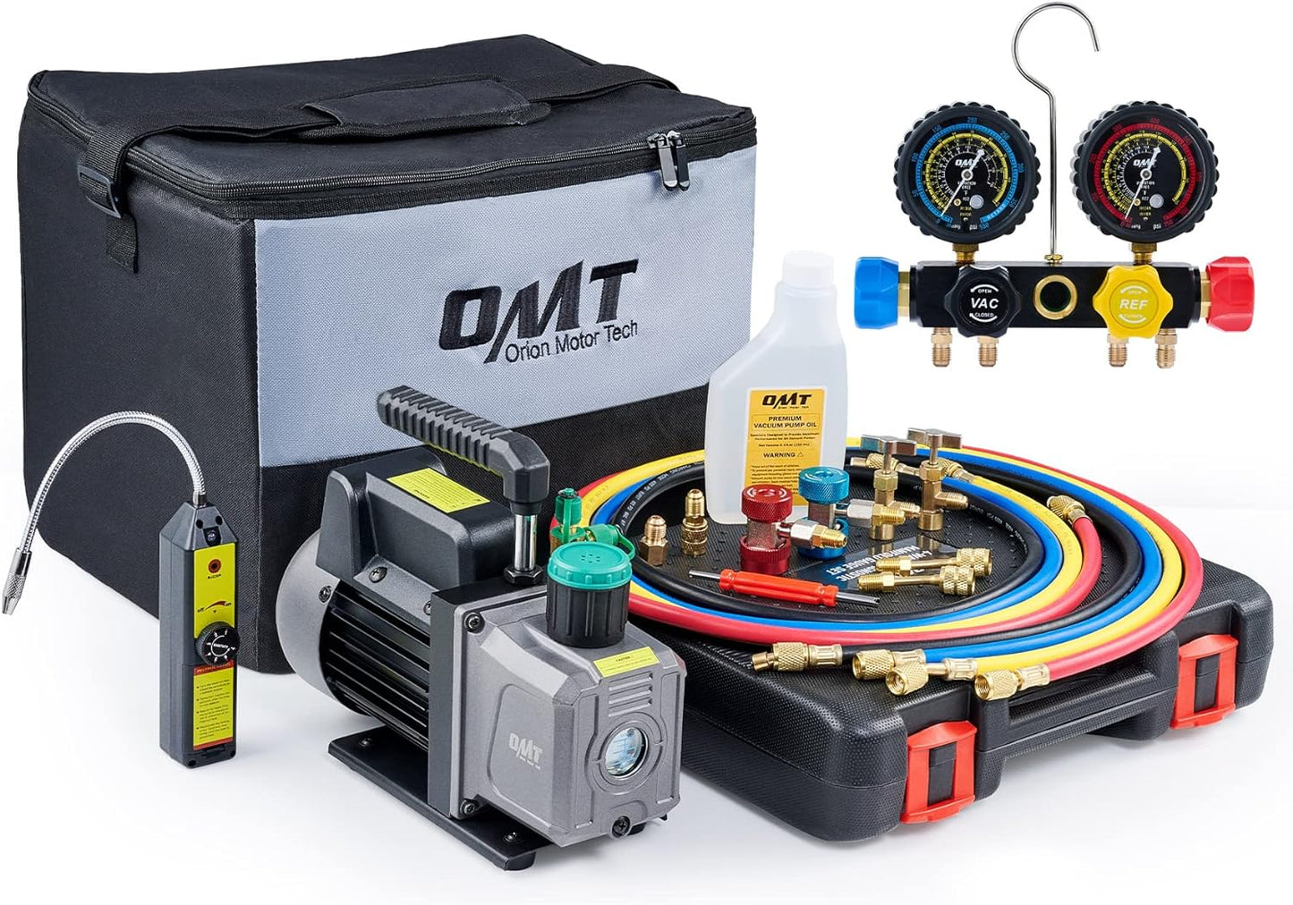 Orion Motor Tech Bomba de Vacío de CA con Manómetros, Bomba de Vacío de 4.5cfm y Juego de Manómetros de Colector de 4 Vías con Detector de Fugas para Refrigerante R134a, R22 o R410a (4.5 CFM&4 Way)