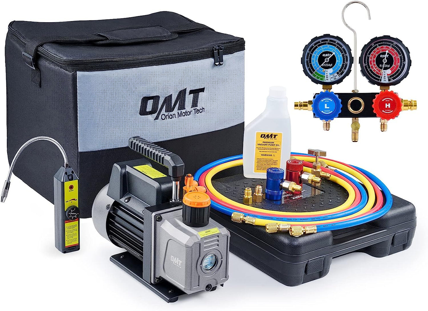 Orion Motor Tech Bomba de Vacío de CA con Manómetros, Bomba de Vacío de 4.5cfm y Juego de Manómetros de Colector de 4 Vías con Detector de Fugas para Refrigerante R134a, R22 o R410a (4.5 CFM&4 Way)