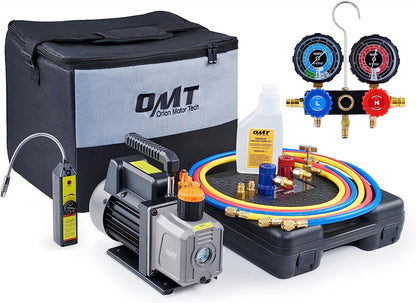 Orion Motor Tech Bomba de Vacío de CA con Manómetros, Bomba de Vacío de 4.5cfm y Juego de Manómetros de Colector de 4 Vías con Detector de Fugas para Refrigerante R134a, R22 o R410a (4.5 CFM&4 Way)