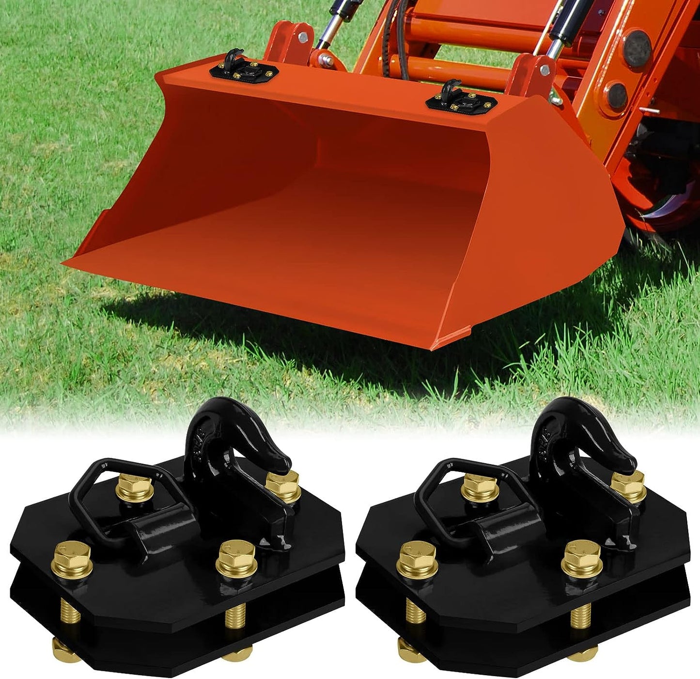 Paquete de 2 ganchos para cubo de tractor de 3/8 pulgadas con anillo en D, máximo 15,000 libras de acero forjado grado 70 para accesorios de cubo de tractor para Kubota, John Deere, Kiot, RV, UTV, camión, naranja