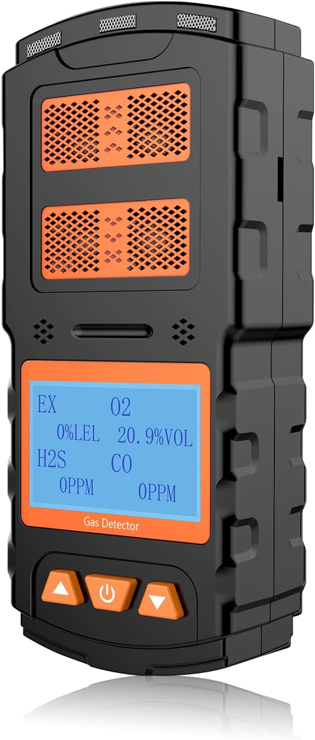 CHNADKS 4 - Detector de gas, monitor de gas H2S, O2, CO y LEL, indicador múltiple con vibración, audible, Visual 4, monitor de gas, alarma personal recargable con pantalla LCD