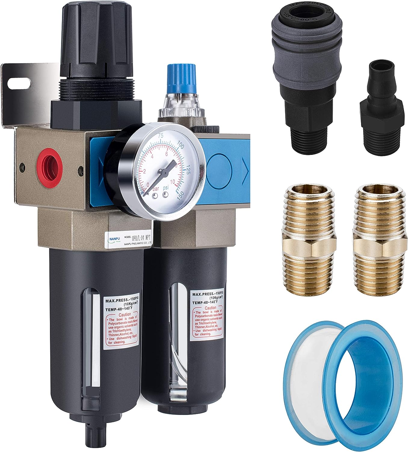 NANPU Lubricador regulador de filtro de aire comprimido NPT de 1/4" (FRL), elemento de latón de 5 micrones, calibre de 0-150 psi, drenaje manual, soporte de metal