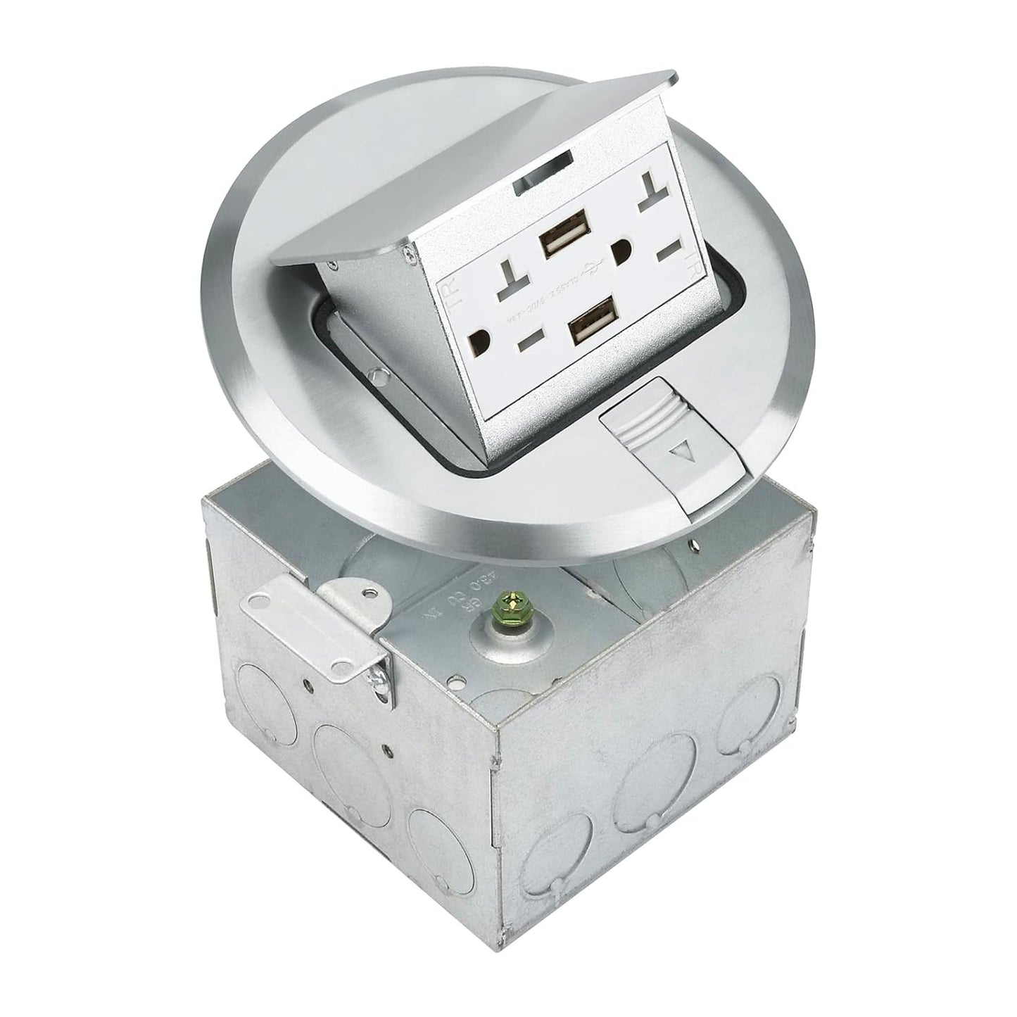 Select Lighting SLFB-PU-USB-BR - Receptáculos de salida USB emergentes de 20 A, caja de piso eléctrica redonda resistente a manipulaciones con cubierta de latón, enchufe empotrado retráctil para encimeras y pisos