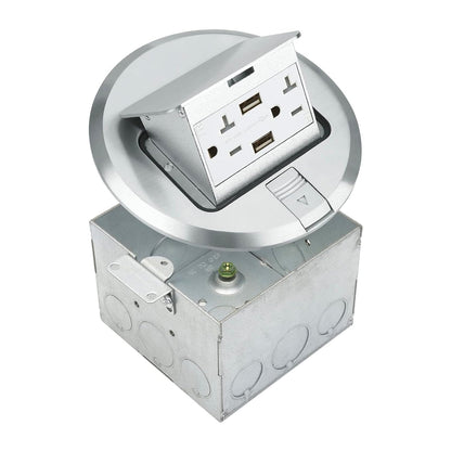 Select Lighting SLFB-PU-USB-BR - Receptáculos de salida USB emergentes de 20 A, caja de piso eléctrica redonda resistente a manipulaciones con cubierta de latón, enchufe empotrado retráctil para encimeras y pisos