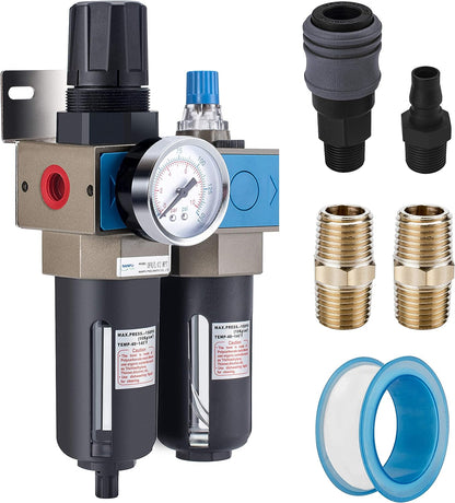 NANPU Lubricador regulador de filtro de aire comprimido NPT de 1/4" (FRL), elemento de latón de 5 micrones, calibre de 0-150 psi, drenaje manual, soporte de metal