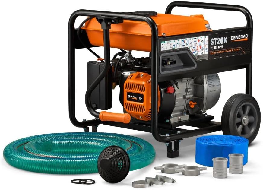 Generac 6917 CW10K Bomba de agua limpia con kit de manguera, ligera y potente, fácil de usar, cebado rápido y fácil, alta capacidad de bombeo de 30 GPM, 1 pulgada, naranja