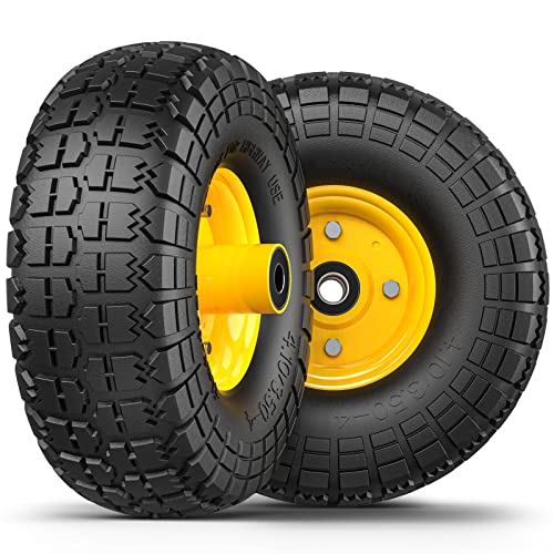 Neumáticos y ruedas de 4.10/3.50-4, sin planos, neumáticos de goma sólida de 10 pulgadas para carretilla con agujero de eje de 5/8" 2 piezas-amarillo
