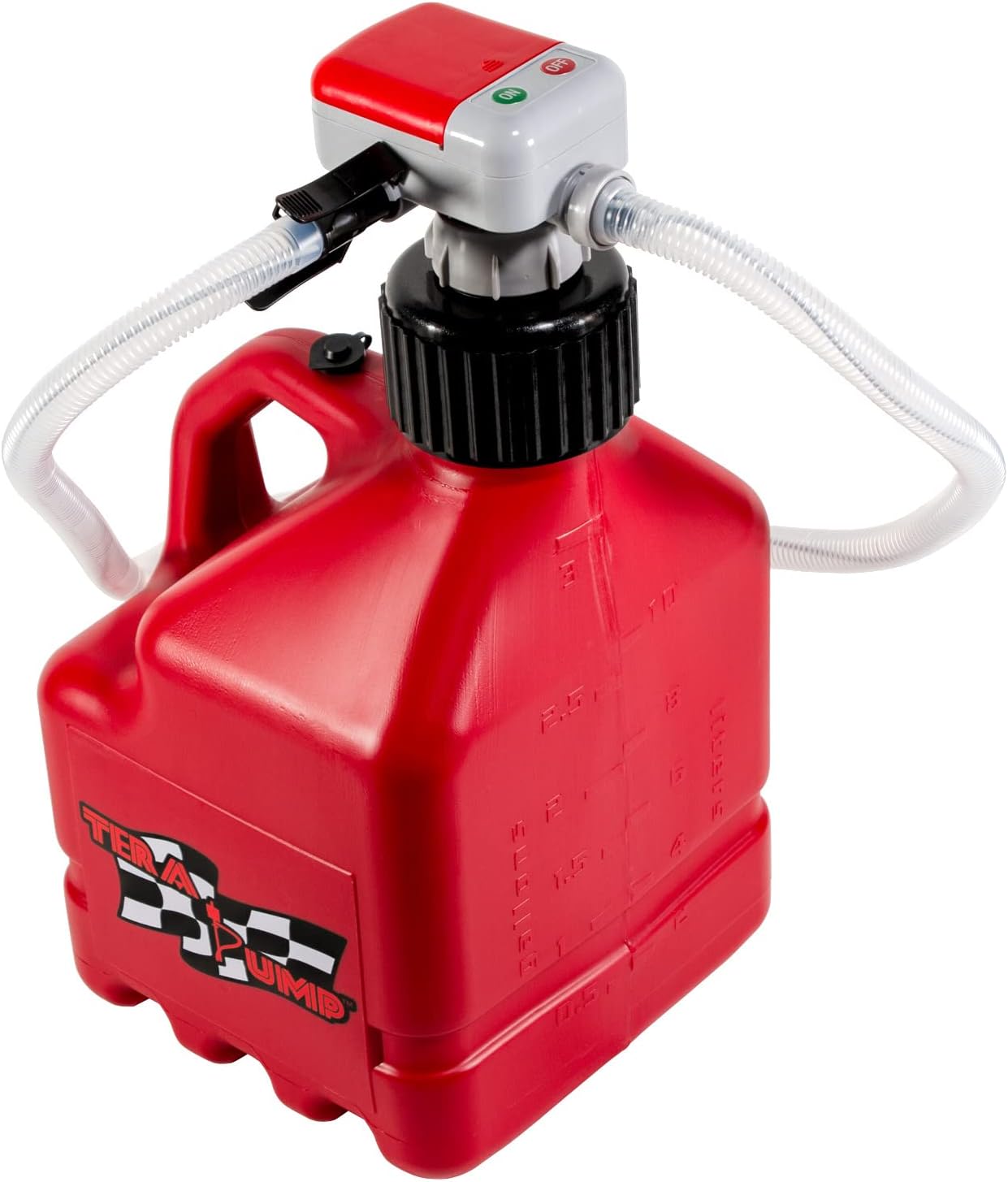 TERA PUMP TRJ5XLR - Bomba de transferencia de combustible de parada automática con batería AA con lata automotriz de 5 galones, manguera de 3.25 pies de largo (velocidad de transferencia de 2.3 GPM)