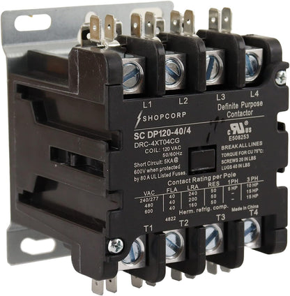 Shopcorp Contactor magnético de propósito definido de 40 A, 4 polos, NO 600 V, HVAC, iluminación y refrigeración, bobina de 110/120 V, carga del motor 40A, aire acondicionado y bomba de calor