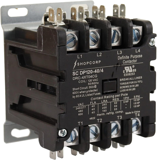 Shopcorp Contactor magnético de propósito definido de 40 A, 4 polos, NO 600 V, HVAC, iluminación y refrigeración, bobina de 110/120 V, carga del motor 40A, aire acondicionado y bomba de calor