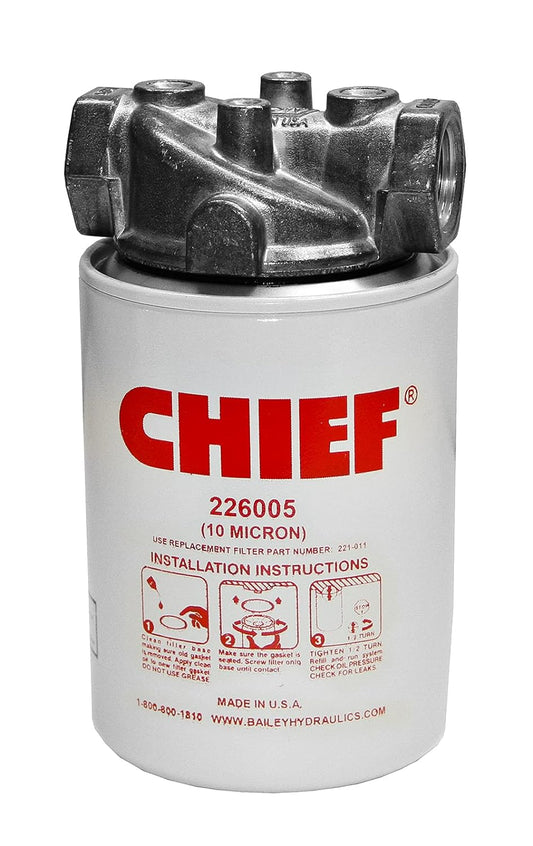 Chief Conjunto de filtros giratorios - Filtro hidráulico de 10 micrones - Conjunto de filtro hidráulico con derivación de 15 PSI 250 PSI, 25 GPM, puerto de entrada/salida NPTF de 3/4 pulgadas, rosca de 1 a 12, sin puerto indicador